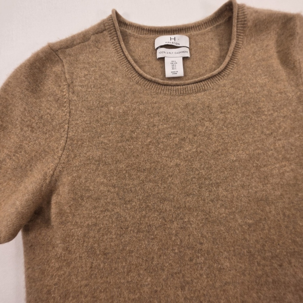 Halston Tan 100% Cashmere Sweater Large Short Sleeve Roll Crewneck 2-Ply
